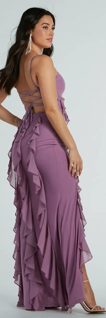Celebrate the winter holidays in a lavender long dress like the Sophia Lace-Up Ruffle Mermaid Mesh Formal Dress, designed with timeless charm for party-ready occasions from winter bridesmaid looks to Winter Formal dances.