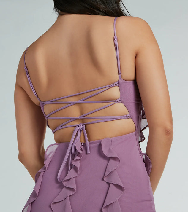 Sophia Lace-Up Ruffle Mermaid Mesh Formal Dress | Windsor