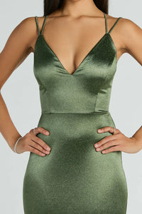 macy's olive green dress Macy Lace Up Slim Glitter Satin Formal Dress