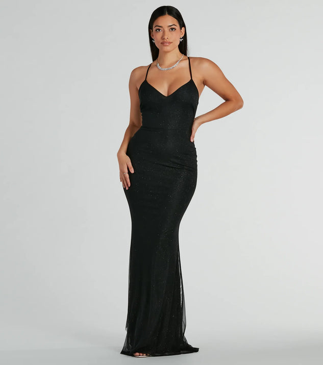 Elowyn Ruffle-Back Glitter Mesh Mermaid Dress | Windsor
