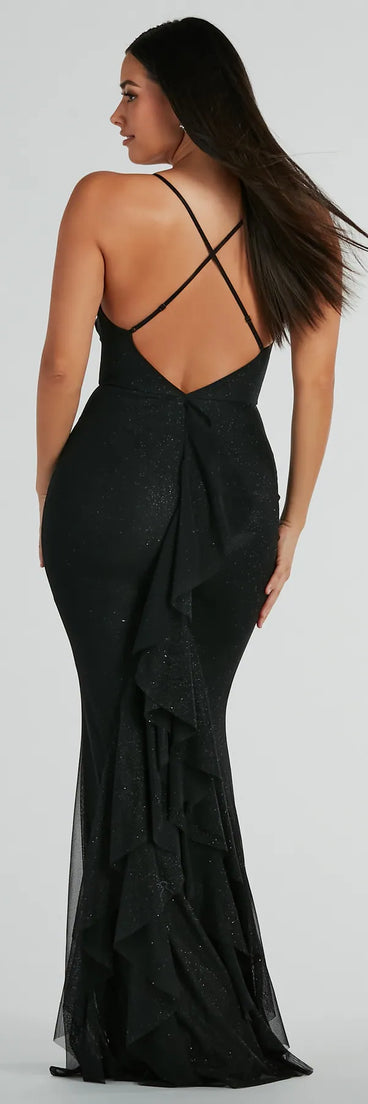 A stunning pick for an engagement photoshoot outfit or autumn wedding guest dress, this fall formal dress showcases the Elowyn Ruffle-Back Glitter Mesh Mermaid Dress in black with a graceful silhouette that captures the moment.