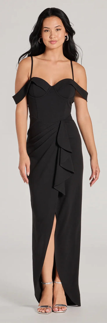 Turn heads at Prom 2025 in this black prom dress, where statement-making details meet the iconic style of the Bridget Off-The-Shoulder Slim Crepe Formal Dress .
