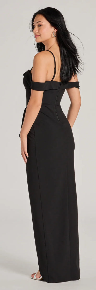 Feel instantly put-together in the Bridget Off-The-Shoulder Slim Crepe Formal Dress in black, a stylish wedding guest dress designed for confident style and all-out celebration.