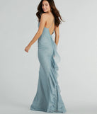 Feel instantly put-together in the Elowyn Ruffle-Back Glitter Mesh Mermaid Dress in light blue, a fall wedding guest dress designed for confident style and all-out celebration.