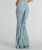 A stunning pick for an engagement photoshoot outfit or autumn wedding guest dress, this fall formal dress showcases the Elowyn Ruffle-Back Glitter Mesh Mermaid Dress in light blue with a graceful silhouette that captures the moment.