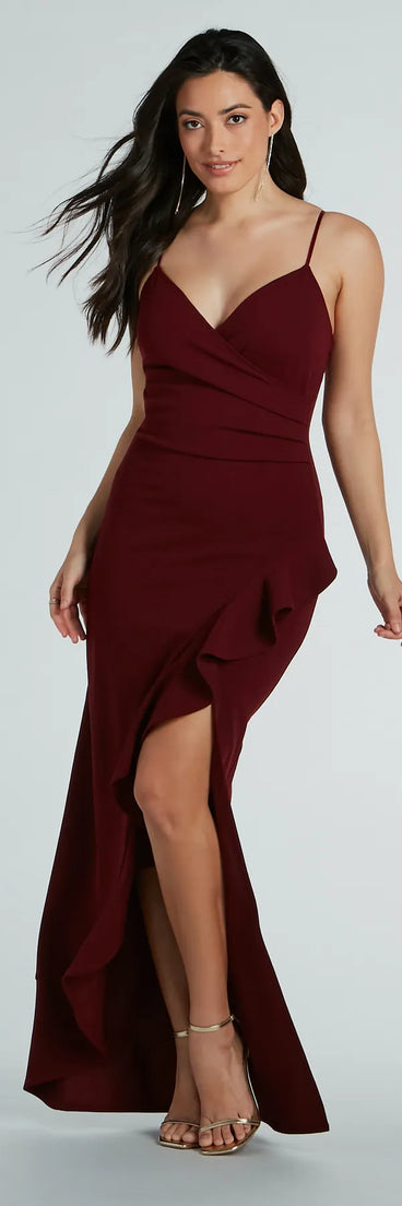 Turn heads at Prom 2025 in this wine prom dress, where statement-making details meet the iconic style of the Miley V-Neck Ruffle Crepe Formal Dress .