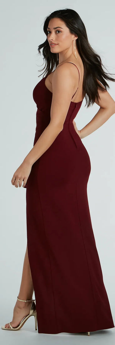 Miley V-Neck Ruffle Crepe Formal Dress in wine, a stylish red dress with a flattering fit and fabric that adds allure to your look, perfect for wedding guest attire, cocktail events, or making a bold statement on a date night.