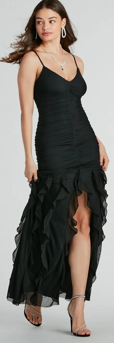 The Keily Ruched And Ruffled Mesh Formal Dress is an elegant black formal dress in a rich seasonal color and with unique design accents that make dressing up for winter parties, holiday balls, or festive gatherings effortless!