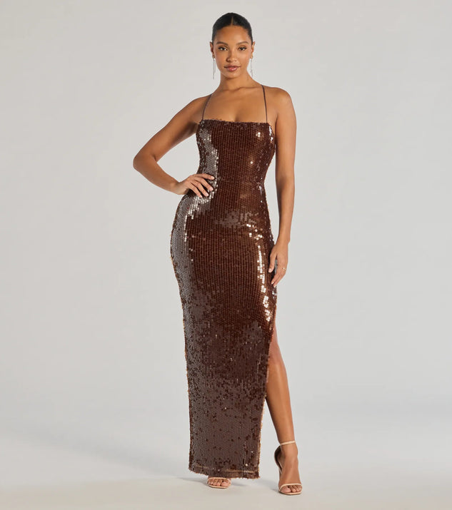 Turn heads at Prom 2025 in this brown prom dress, where statement-making details meet the iconic style of the Naya Lace-Up High Slit Sequin Formal Dress .