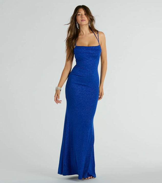 You'll be the best dressed in the Katerina Square Neck Mermaid Glitter Formal Dress as your summer formal dress with unique details from Windsor.