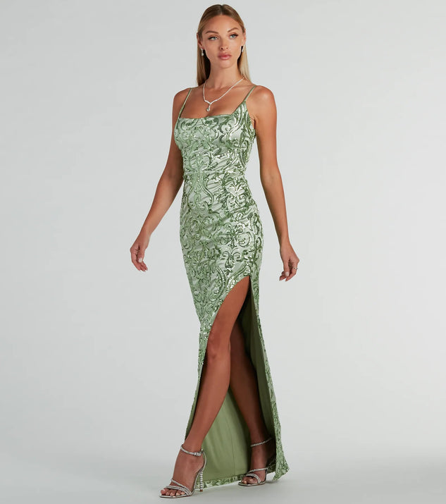 Alessia Square Neck Slim Sequin Satin Formal Dress | Windsor Alessia Square Neck Slim Sequin Satin Formal Dress | Windsor