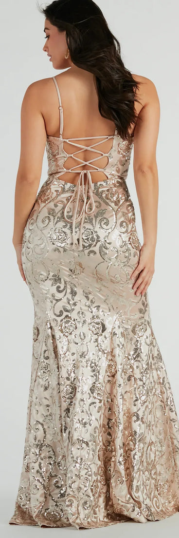 Revamp your 2025 wardrobe with this chic addition, the Carly Lace-Up Mermaid Sequin Satin Formal Dress in gold, perfect for elevating your style in the new year.