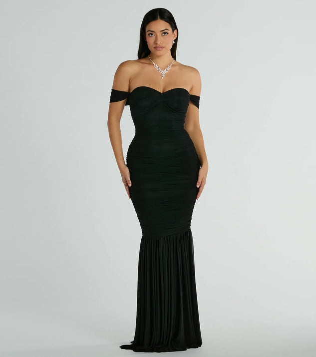 You'll be the best dressed in the Cece Off-The-Shoulder Mermaid Mesh Formal Dress as your summer formal dress with unique details from Windsor.