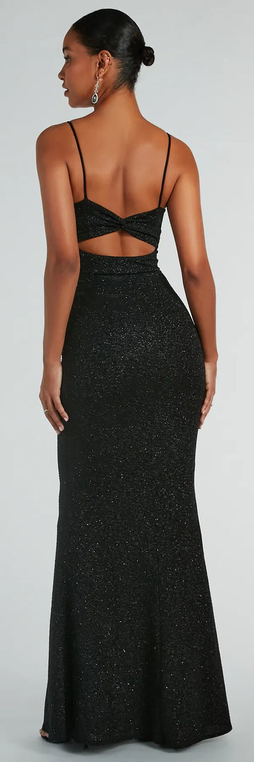 Revamp your 2025 wardrobe with this chic addition, the Maleah Twist-Front Glitter Knit Mermaid Dress in black, perfect for elevating your style in the new year.