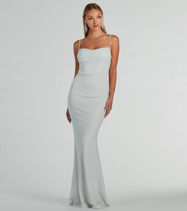Turn heads at Prom 2025 in this white prom dress, where statement-making details meet the iconic style of the Erica Cowl Neck Mermaid Glitter Formal Dress .