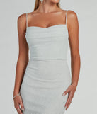 Make a bold statement in the Erica Cowl Neck Mermaid Glitter Formal Dress in white, the perfect spring dress for weddings, cocktail hours, nights out, and/or seasonal celebrations.