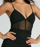 Make a bold statement in the Patsy V-Neck Corset Slim Glitter Mesh Formal Dress in black, the perfect summer dress for weddings, cocktail hours, nights out, and/or seasonal celebrations.
