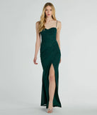 Turn heads at Prom 2025 in this hunter green prom dress, where statement-making details meet the iconic style of the Daleyza Bustier Slit Glitter Column Formal Dress .