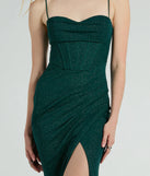 Make a bold statement in the Daleyza Bustier Slit Glitter Column Formal Dress in hunter green, the perfect green dress for weddings, cocktail hours, nights out, and/or seasonal celebrations.