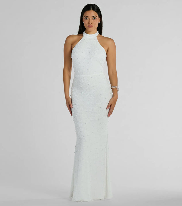 Courtney Halter Faux Pearl Bead Slim Formal Dress | Windsor Courtney Halter Faux Pearl Bead Slim Formal Dress | Windsor