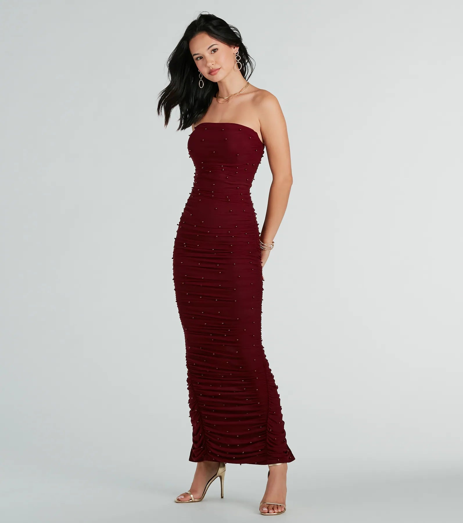 パーティードレス Rotate Floor-Length Burgundy Strapless Evening Dress With Caterina Formal Strapless Faux Pearl Long Dress | Windsor