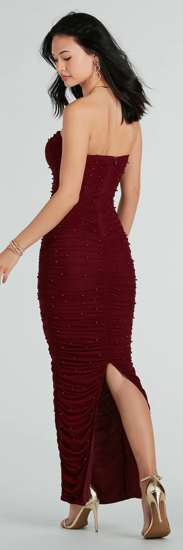 Caterina Formal Strapless Faux Pearl Long Dress in burgundy, a stylish red dress with a flattering fit and fabric that adds allure to your look, perfect for wedding guest attire, cocktail events, or making a bold statement on a date night.