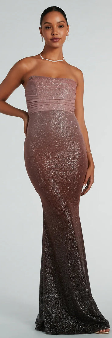 The Farrah Strapless Mermaid Glitter Ombre Formal Dress is a shimmery brown glitter dress that catches the light beautifully, perfect for any special outfit like Winter Formal attire, clubwear, or a wedding guest dress.