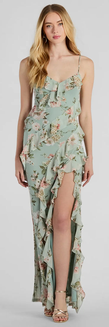 Turn heads at Prom 2025 in this sage green prom dress, where statement-making details meet the iconic style of the Helga V-Neck Ruffled Mermaid Floral Formal Dress .
