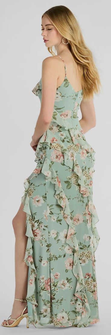 The Helga V-Neck Ruffled Mermaid Floral Formal Dress is a stylish sage floral dress featuring a fresh seasonal print and flattering design, perfect for garden parties, bridal showers, graduation photoshoots, or everyday spring styling.