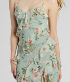 Make a bold statement in the Helga V-Neck Ruffled Mermaid Floral Formal Dress in sage green, the perfect green dress for weddings, cocktail hours, nights out, and/or seasonal celebrations.