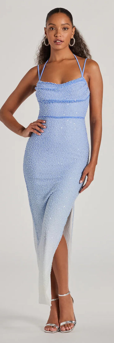 You'll feel stylish and confident in the Nia Beaded Ombre Mesh High Slit Formal Dress as your Winter Formal Dress to stand out at your dance or event.