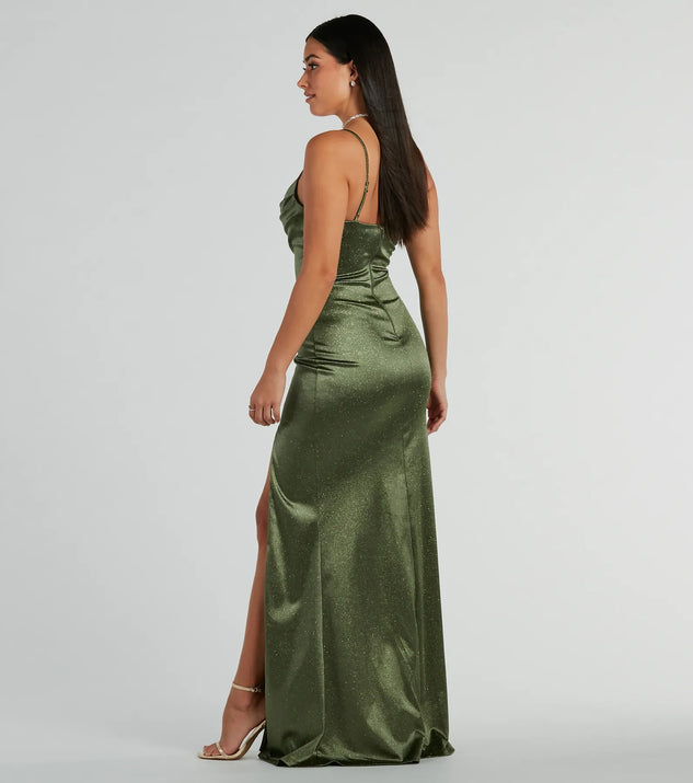 Melody Cowl Neck Mermaid Glitter Satin Formal Dress | Windsor Melody Cowl Neck Mermaid Glitter Satin Formal Dress | Windsor