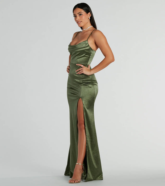 Melody Cowl Neck Mermaid Glitter Satin Formal Dress | Windsor Melody Cowl Neck Mermaid Glitter Satin Formal Dress | Windsor