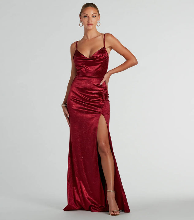 Melody Cowl Neck Mermaid Glitter Satin Formal Dress | Windsor Melody Cowl Neck Mermaid Glitter Satin Formal Dress | Windsor