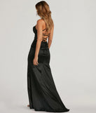 The Melinda Satin Lace-Up Formal Dress is a show-stopping black prom dress, offering a sleek, slimming silhouette that enhances your natural beauty for an unforgettable night.