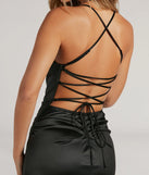 Step into Prom 2025 in a black prom dress, where unique Windsor accents and the standout Melinda Formal Satin Lace-Up Column Dress style come together.