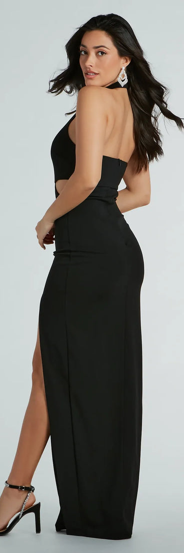Step into Prom 2025 in a black prom dress, where unique Windsor accents and the standout Avalynn Halter Cutout Crepe Formal Dress style come together.