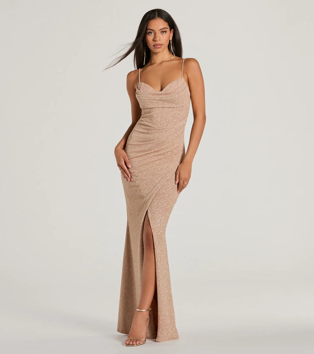 Mila Cowl Neck Wrap Slit Mermaid Glitter Formal Dress | Windsor Mila Cowl Neck Wrap Slit Mermaid Glitter Formal Dress | Windsor