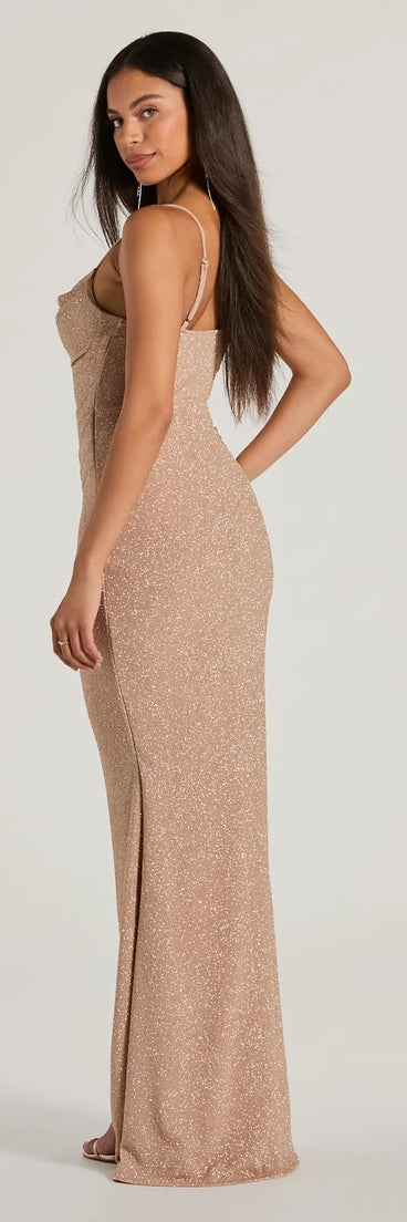 Feel instantly put-together in the Mila Cowl Neck Wrap Slit Mermaid Glitter Formal Dress in mauve, a stylish wedding guest dress designed for confident style and all-out celebration.