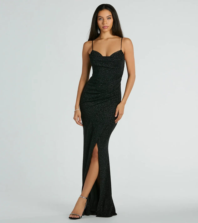 You'll be the best dressed in the Mila Cowl Neck Wrap Slit Mermaid Glitter Formal Dress as your summer formal dress with unique details from Windsor.
