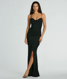 Turn heads at Prom 2025 in this black prom dress, where statement-making details meet the iconic style of the Mila Cowl Neck Wrap Slit Mermaid Glitter Formal Dress .
