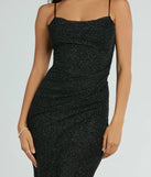 Make a bold statement in the Mila Cowl Neck Wrap Slit Mermaid Glitter Formal Dress in black, the perfect spring dress for weddings, cocktail hours, nights out, and/or seasonal celebrations.