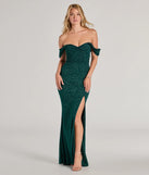 Turn heads at Prom 2025 in this hunter green prom dress, where statement-making details meet the iconic style of the Tamara Off-The-Shoulder Mermaid Glitter Formal Dress .