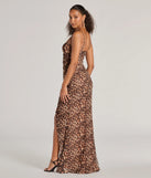 Step into Prom 2025 in a brown prom dress, where unique Windsor accents and the standout Velma Leopard Wrap Slit Mermaid Formal Dress style come together.