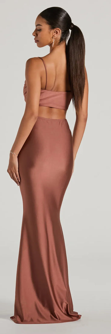Revamp your 2025 wardrobe with this chic addition, the Jasmin Cowl Neck Cutout Mermiad Formal Dress in mocha, perfect for elevating your style in the new year.