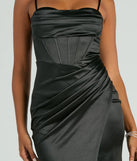 Step into Prom 2025 in a black prom dress, where unique Windsor accents and the standout Stacie Formal Satin Corset Bodycon Dress style come together.