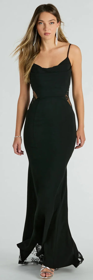Turn heads at Prom 2025 in this black prom dress, where statement-making details meet the iconic style of the Carla Cowl Neck Mermaid Lace Crepe Formal Dress .