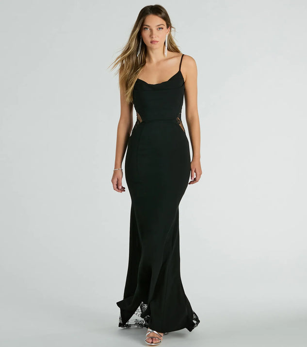 Turn heads at Prom 2025 in this black prom dress, where statement-making details meet the iconic style of the Carla Cowl Neck Mermaid Lace Crepe Formal Dress .