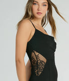 Make a bold statement in the Carla Cowl Neck Mermaid Lace Crepe Formal Dress in black, the perfect spring dress for weddings, cocktail hours, nights out, and/or seasonal celebrations.
