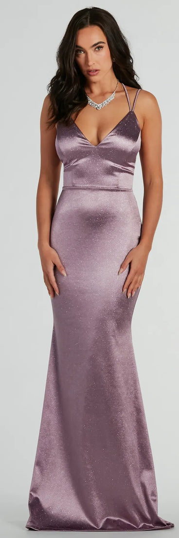 Melanie Sleeveless Lace-Up Glitter Satin Formal Dress